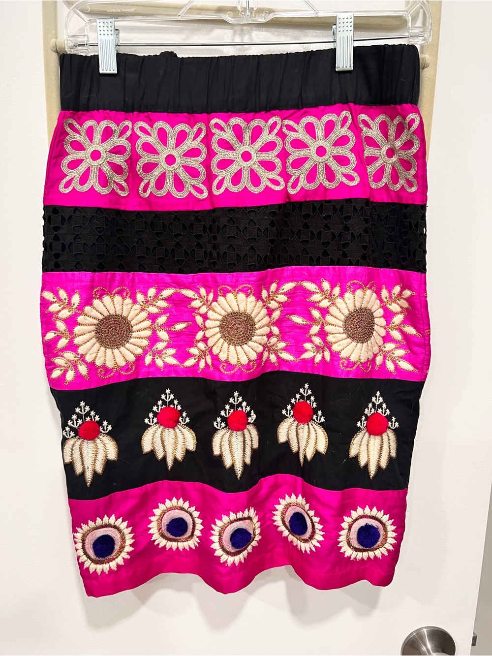 Pink and Black Embroidered Pencil Skirt